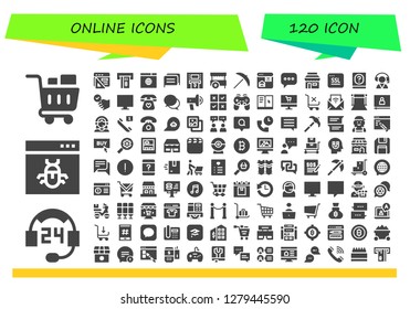  online icon set. 120 filled online icons. Simple modern icons about  - Shopping cart, Support, Browser, Atm, Chat, Cart, Pick, Shop, Ssl, Manual, Customer service, Satisfied