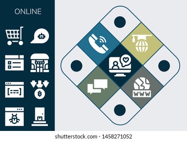 online icon set. 13 filled online icons.  Simple modern icons about  - Videocall, Browser, Delivery, Bitcoin, Learning, Shop, Shopping cart, Chat, Telephone, Www