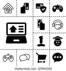 Online icon. set of 13 filled and outline online icons such as graduate emoji, real estate on laptop, shopping cart, chat, operator, home connection, joystick, cash payment