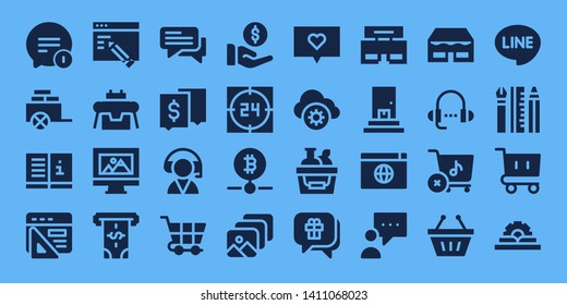 online icon set. 32 filled online icons. on blue background style Simple modern icons about  - Chat, Cart, Manual, Browser, Web design, Robot, Atm, Customer service, Shopping cart
