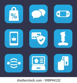 online icon. Set of 9 filled online icons such as chat, portable console, real estate on laptop, shopping sale, atom interaction, joystick, creadit card payment
