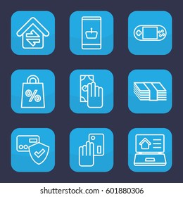 online icon. Set of 9 outline online icons such as portable console, home connection, real estate on laptop, cash payment, creadit card payment, card protection