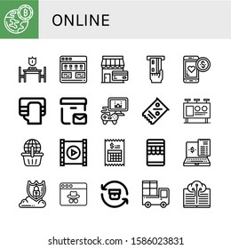 online icon set. Collection of Bitcoin, Reservation, Tutorial, Shop, Atm, Loyalty, Payment, Postal delivery, Videogame, Coupon, Billboard, Online shopping, Video player icons