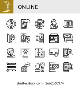 conjunto de iconos en línea. Colección de pagos en línea, Bitcoin, Cashless, Secretary, Web design, Bill, Mobile payment, Chat, Shop, Payment método, Administrator, Webpage, Secure iconos