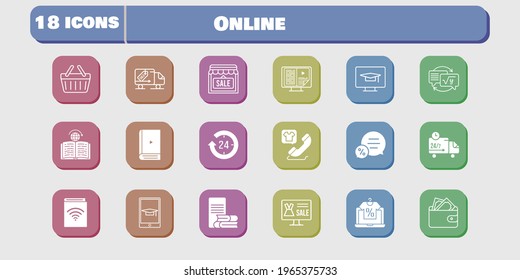 online icon set. included audiobook, wallet, shop, homework, learning, delivery truck, student-desktop, shopping basket, online shop icons on white background. linear, filled styles.