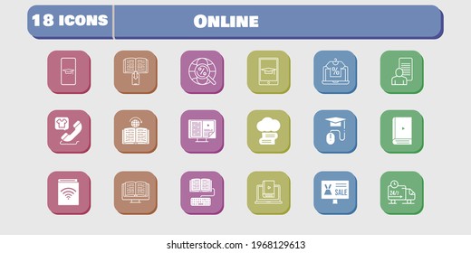 online icon set. included audiobook, study, homework, learn, learning, delivery truck, student-smartphone, cloud library, online shop icons on white background. linear, filled styles.