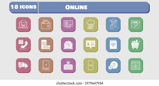 online icon set. included audiobook, shop, wallet, learn, learning, delivery truck, student-smartphone, cloud library, exam icons on white background. linear, filled styles.