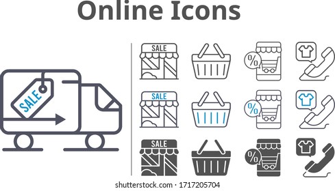 online icon set included online shop, shop, phone call, shopping-basket, delivery truck, shopping basket icons