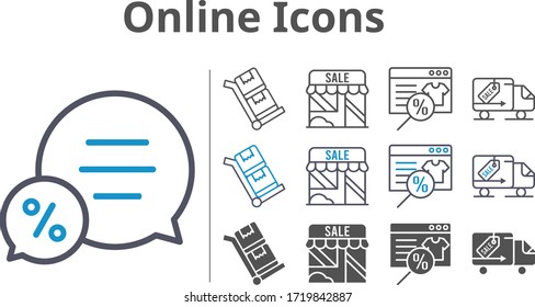 online icon set included online shop, shop, chat, delivery truck, trolley icons