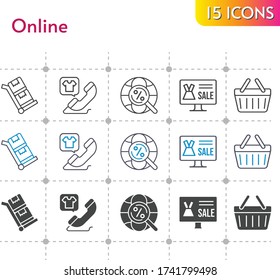 online icon set. included online shop, phone call, shopping-basket, internet, shopping basket, trolley icons on white background. linear, bicolor, filled styles.