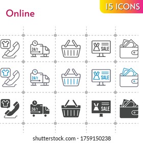 online icon set. included online shop, wallet, phone call, shopping-basket, delivery truck, shopping basket icons on white background. linear, bicolor, filled styles.