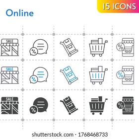 online icon set. included online shop, shop, chat, shopping cart, trolley icons on white background. linear, bicolor, filled styles.