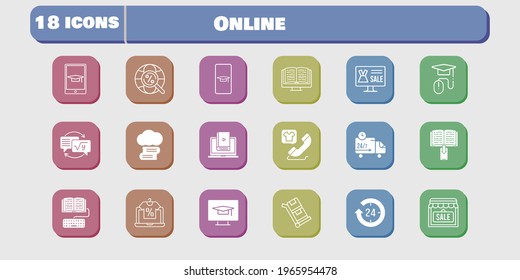 online icon set. included shop, homework, learn, delivery truck, student-desktop, trolley, student-smartphone, cloud library icons on white background. linear, filled styles.