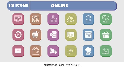 online icon set. included shop, wallet, learn, shopping-basket, learning, delivery truck, student-desktop, cloud library, online shop icons on white background. linear, filled styles.