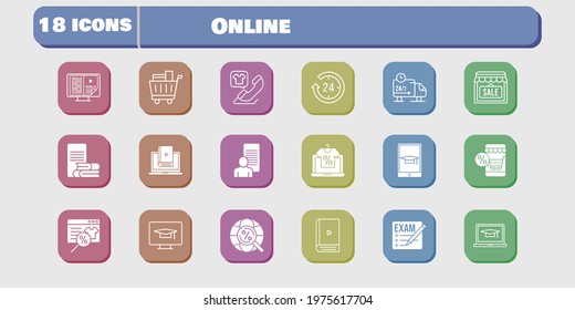 online icon set. included study, shop, learn, delivery truck, student-desktop, exam, online shop, 24-hours, ebook, student-laptop icons on white background. linear, filled styles.
