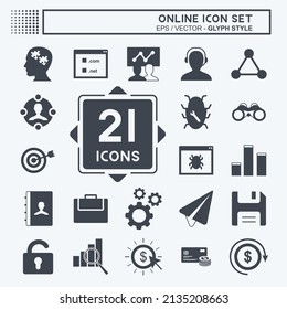 Online Icon Set in trendy glyph style isolated on soft blue background