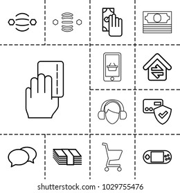 Online icons. set of 13 editable outline online icons such as chat, cash payment, card protection, money, atom interaction, portable console, home connection