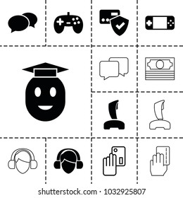 Online icons. set of 13 editable filled and outline online icons such as chat, card protection, joystick, creadit card payment, graduate emoji, money, portable console