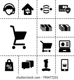 Online icons. set of 13 editable filled online icons such as joystick, money, atom interaction, shopping sale, shopping cart, operator, home connection, real estate on laptop
