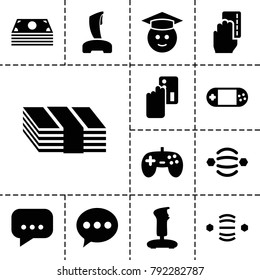 Online icons. set of 13 editable filled online icons such as creadit card payment, chat, graduate emoji, joystick, money, atom interaction