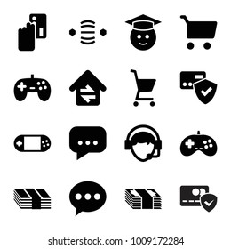 Online icons. set of 16 editable filled online icons such as creadit card payment, card protection, chat, graduate emoji, joystick, shopping cart, money, portable console