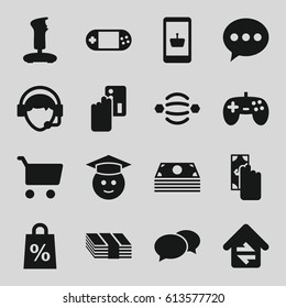 Online icons set. set of 16 online filled icons such as chat, graduate emoji, portable console, operator, home connection, shopping sale, atom interaction, joystick