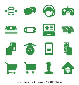 Online icons set. set of 16 online filled icons such as chat, graduate emoji, portable console, operator, home connection, real estate on laptop, shopping cart