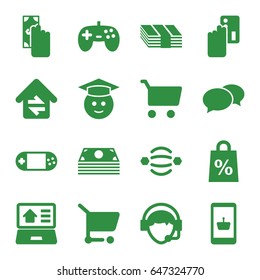 Online icons set. set of 16 online filled icons such as chat, graduate emoji, portable console, operator, home connection, real estate on laptop, shopping sale, shopping cart