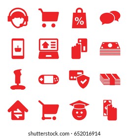Online icons set. set of 16 online filled icons such as chat, graduate emoji, portable console, operator, home connection, real estate on laptop, shopping sale, shopping cart