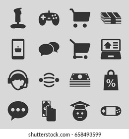 Online icons set. set of 16 online filled icons such as chat, graduate emoji, portable console, operator, real estate on laptop, shopping sale, shopping cart, atom interaction