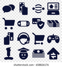Online icons set. set of 16 online filled icons such as chat, graduate emoji, portable console, operator, home connection, real estate on laptop, shopping cart