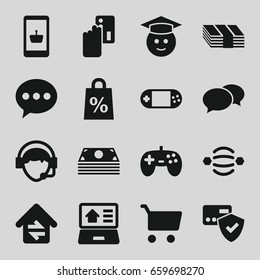 Online icons set. set of 16 online filled icons such as chat, graduate emoji, portable console, operator, home connection, real estate on laptop, shopping sale