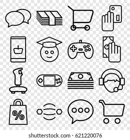 Online icons set. set of 16 online outline icons such as chat, portable console, operator, graduate emoji, cash payment, creadit card payment, online shopping