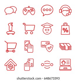 Online icons set. set of 16 online outline icons such as chat, operator, home connection, real estate on laptop, graduate emoji, cash payment, creadit card payment