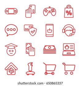 Online icons set. set of 16 online outline icons such as portable console, operator, home connection, real estate on laptop, graduate emoji, cash payment, creadit card payment