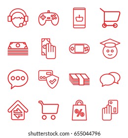 Online icons set. set of 16 online outline icons such as chat, portable console, operator, home connection, graduate emoji, cash payment, creadit card payment, card protection