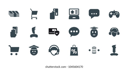 Online icons. set of 18 editable filled online icons: creadit card payment, chat, graduate emoji, joystick, shopping cart, money, operator, real estate on laptop