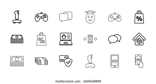 Online icons. set of 18 editable outline online icons: chat, card protection, joystick, money, shopping sale, home connection, real estate on laptop, cash payment