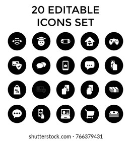 Online icons. set of 20 editable filled online icons such as chat, cash payment, creadit card payment, card protection, online shopping, graduate emoji, joystick, money
