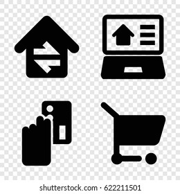 Online icons set. set of 4 online filled icons such as home connection, real estate on laptop, shopping cart