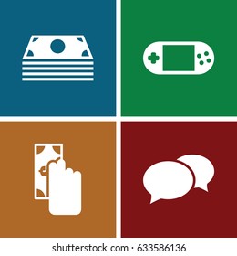 Online icons set. set of 4 online filled icons such as chat, portable console, cash payment