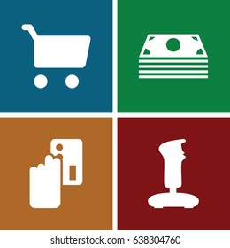Online icons set. set of 4 online filled icons such as joystick, creadit card payment, shopping cart