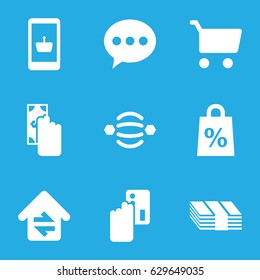 Online icons set. set of 9 online filled icons such as home connection, shopping sale, atom interaction, cash payment, creadit card payment, online shopping, chat
