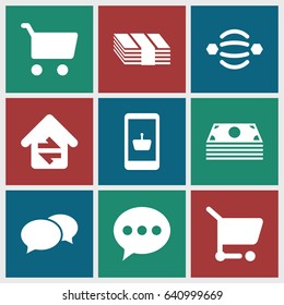 Online icons set. set of 9 online filled icons such as chat, home connection, shopping cart, atom interaction, online shopping