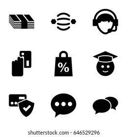 Online icons set. set of 9 online filled icons such as chat, graduate emoji, operator, shopping sale, atom interaction, creadit card payment, card protection