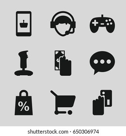 Online icons set. set of 9 online filled icons such as operator, shopping sale, shopping cart, joystick, cash payment, creadit card payment, online shopping