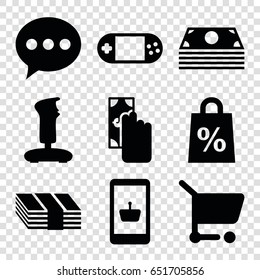Online icons set. set of 9 online filled icons such as portable console, shopping sale, shopping cart, joystick, cash payment, online shopping, chat