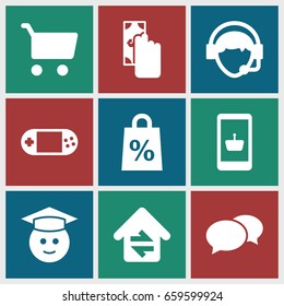 Online icons set. set of 9 online filled icons such as chat, graduate emoji, portable console, operator, home connection, shopping sale, cash payment, online shopping