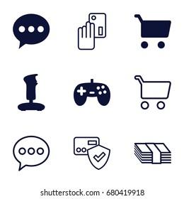 Online icons set. set of 9 online filled and outline icons such as joystick, chat, creadit card payment, card protection, shopping cart