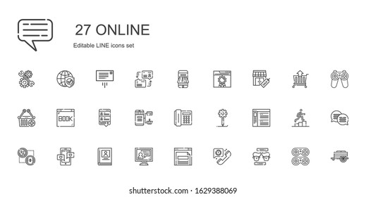 Online Icons Set. Collection Of Online With Chat, Telephone, Browser, Video Call, Biography, Bitcoin, Creative Process, Online Shopping, E Commerce. Editable And Scalable Icons.